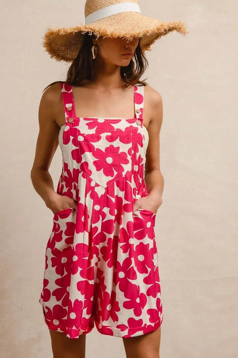 BiBi Floral Prints Tuck Detail Short Overall With Pockets - ELY VESSA LLC