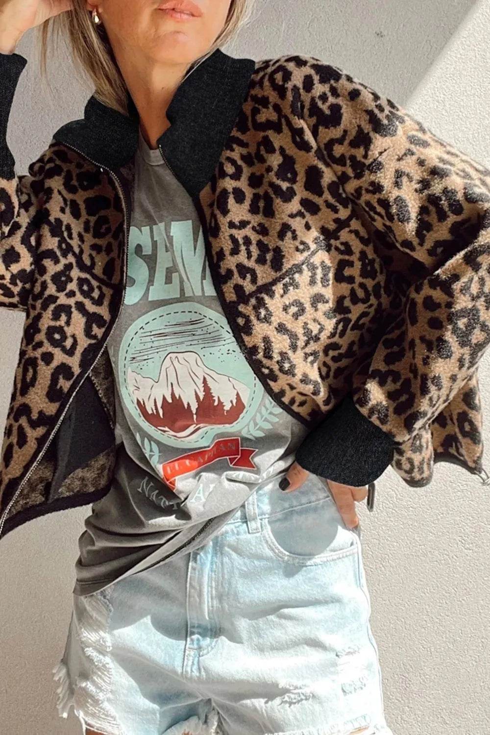 Leopard Zip Up Long Sleeve Jacket - ELY VESSA LLC