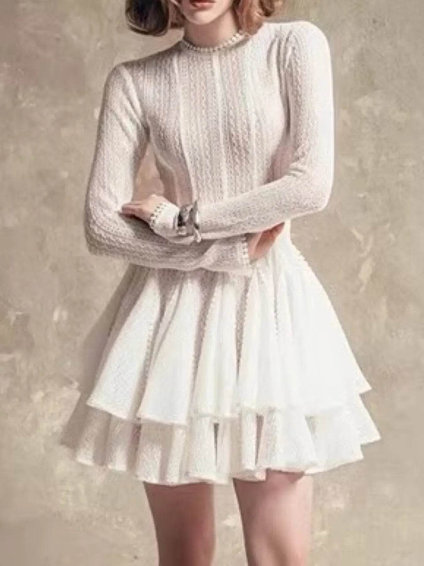 Layered Round Neck Long Sleeve Dress - ELY VESSA LLC