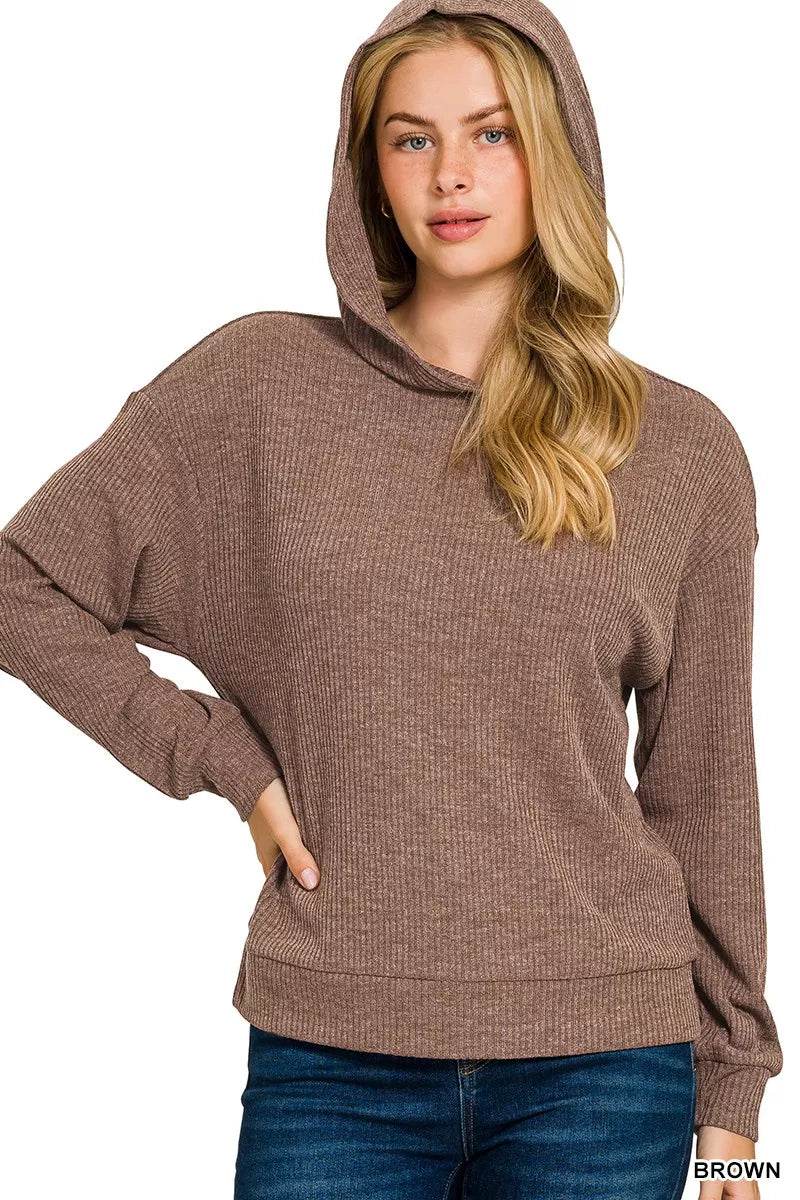 Zenana Ribbed Long Sleeve Hoodie - ELY VESSA LLC