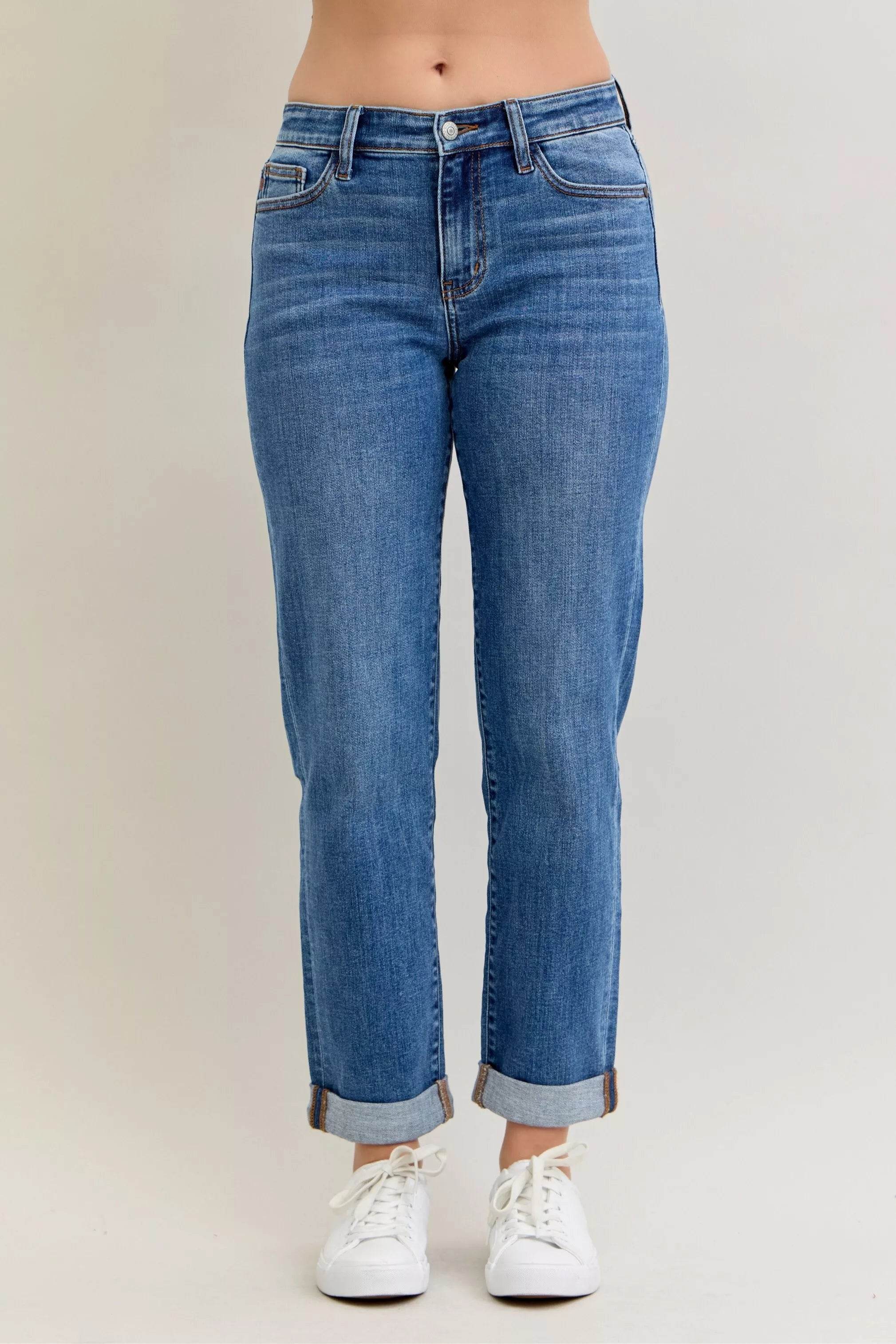 Judy Blue Full Size Mid Rise BF Classic Cuffed Jeans Plus Size - ELY VESSA LLC