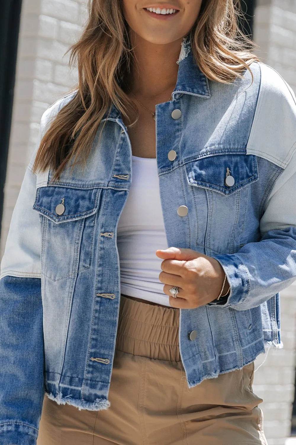 Distressed Button Up Drop Shoulder Denim Jacket - ELY VESSA LLC
