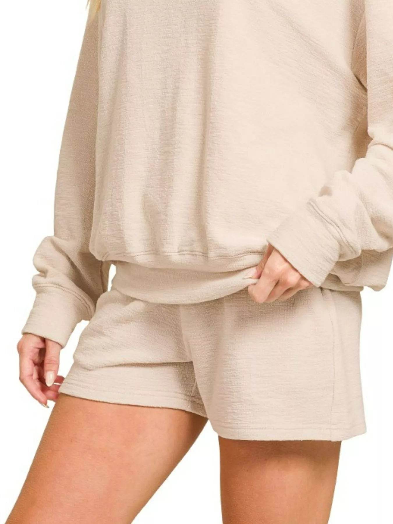 Zenana Slub Long Sleeve Top and Shorts Set - ELY VESSA LLC