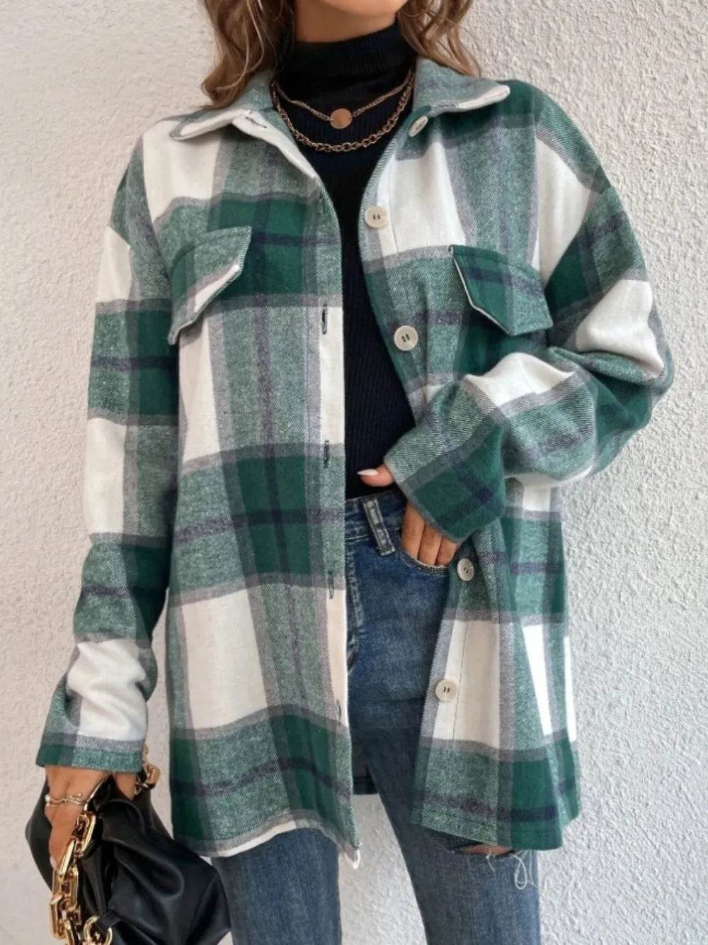 Plaid Collared Neck Dropped Shoulder Shacket - ELY VESSA LLC