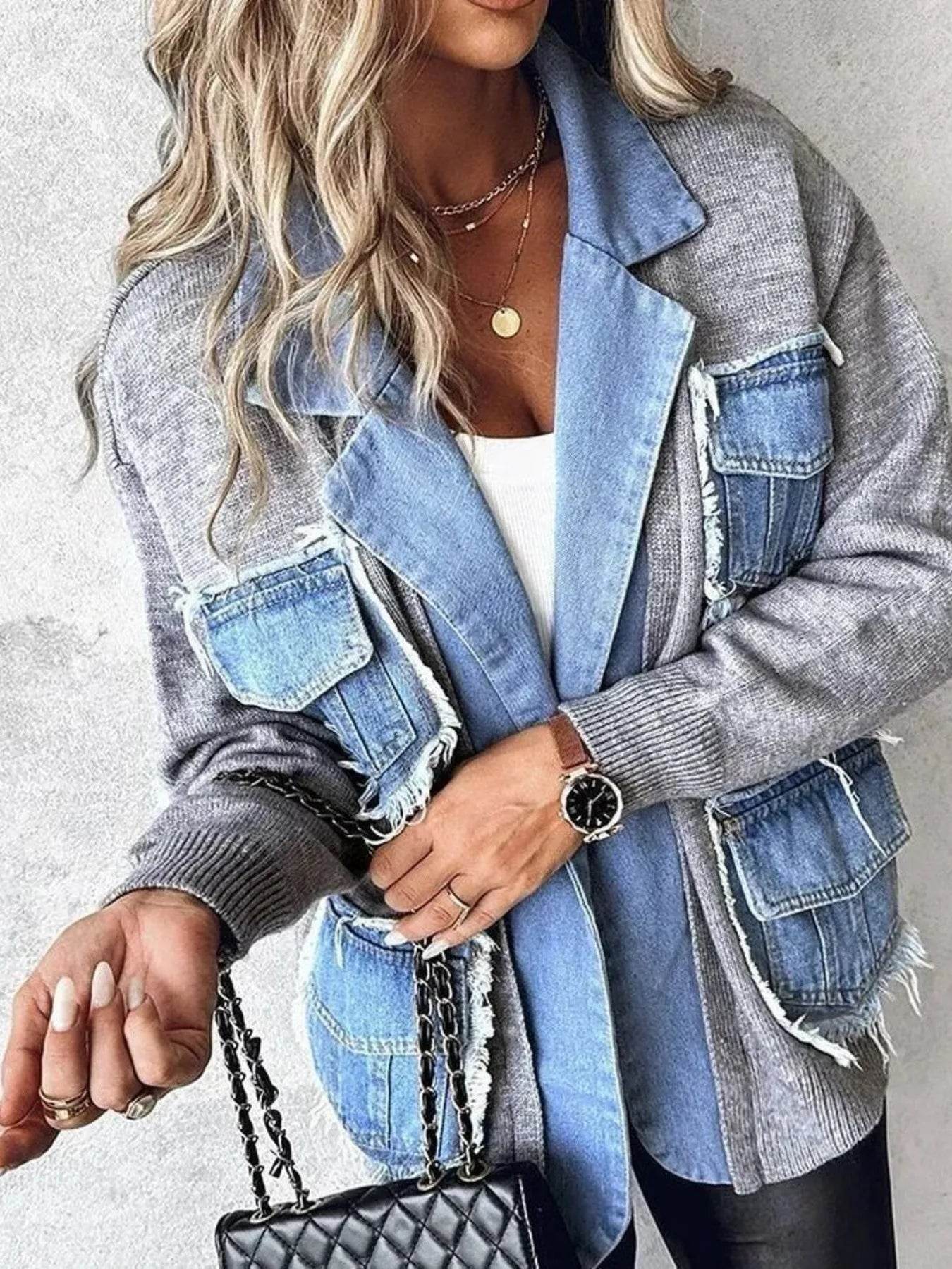 Raw Hem Denim Pocket Patchwork Cardigan - ELY VESSA LLC