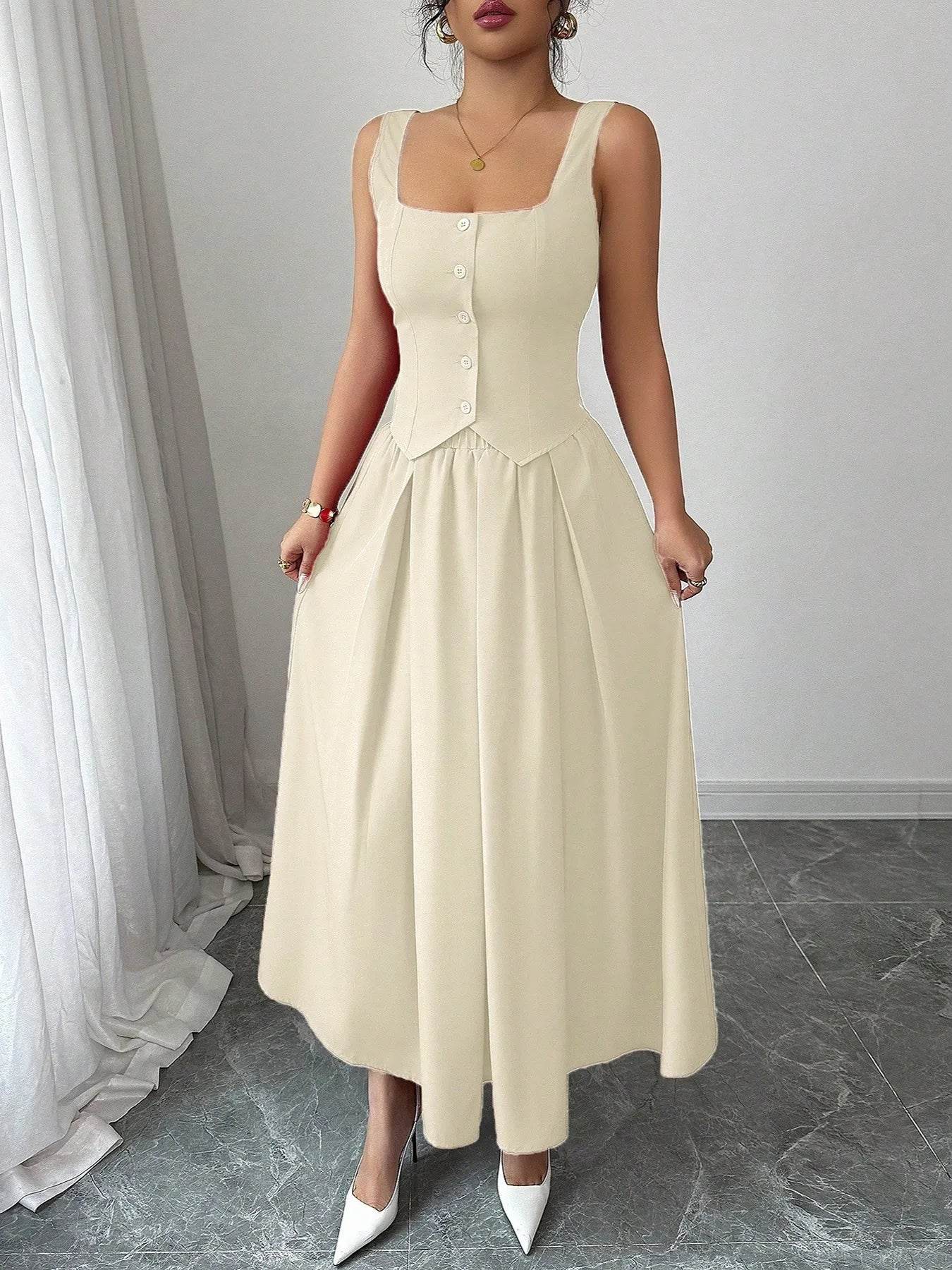 Square Neck Wide Strap Midi Dress - ELY VESSA LLC