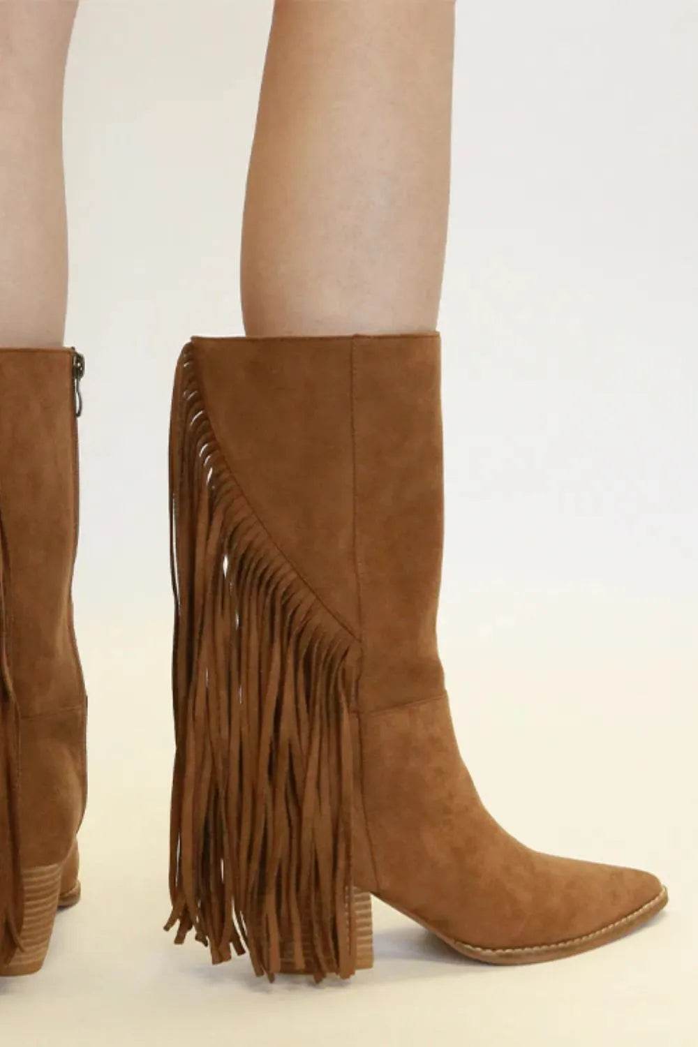 Beast Fashion Suede Fringe Point Toe Boots - ELY VESSA LLC