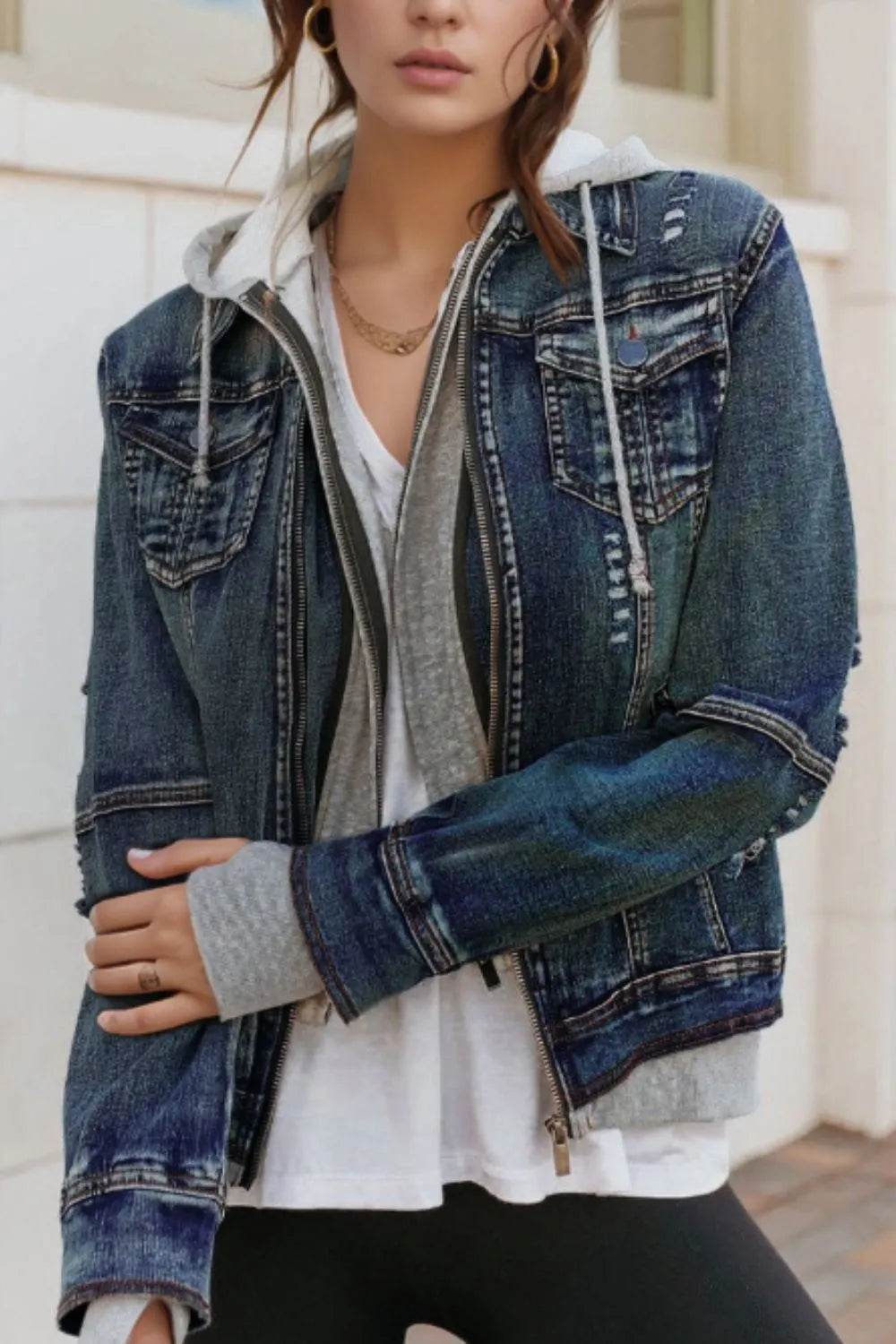 Fake Two-Piece Hooded Zip-Up Denim Jacket - ELY VESSA LLC