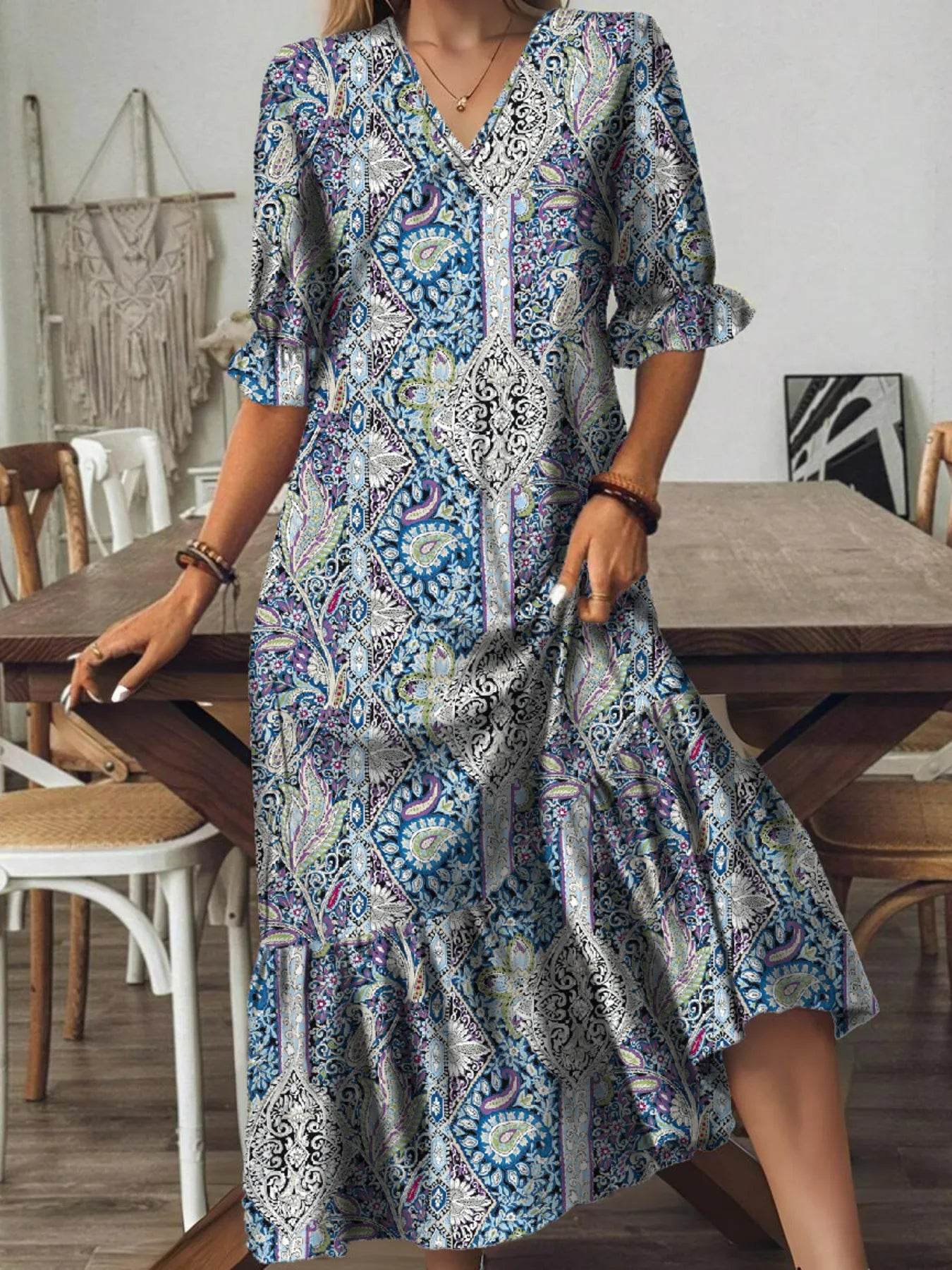 Full Size Bohemian Paisley Print V-Neck Midi Dress Plus Size - ELY VESSA LLC