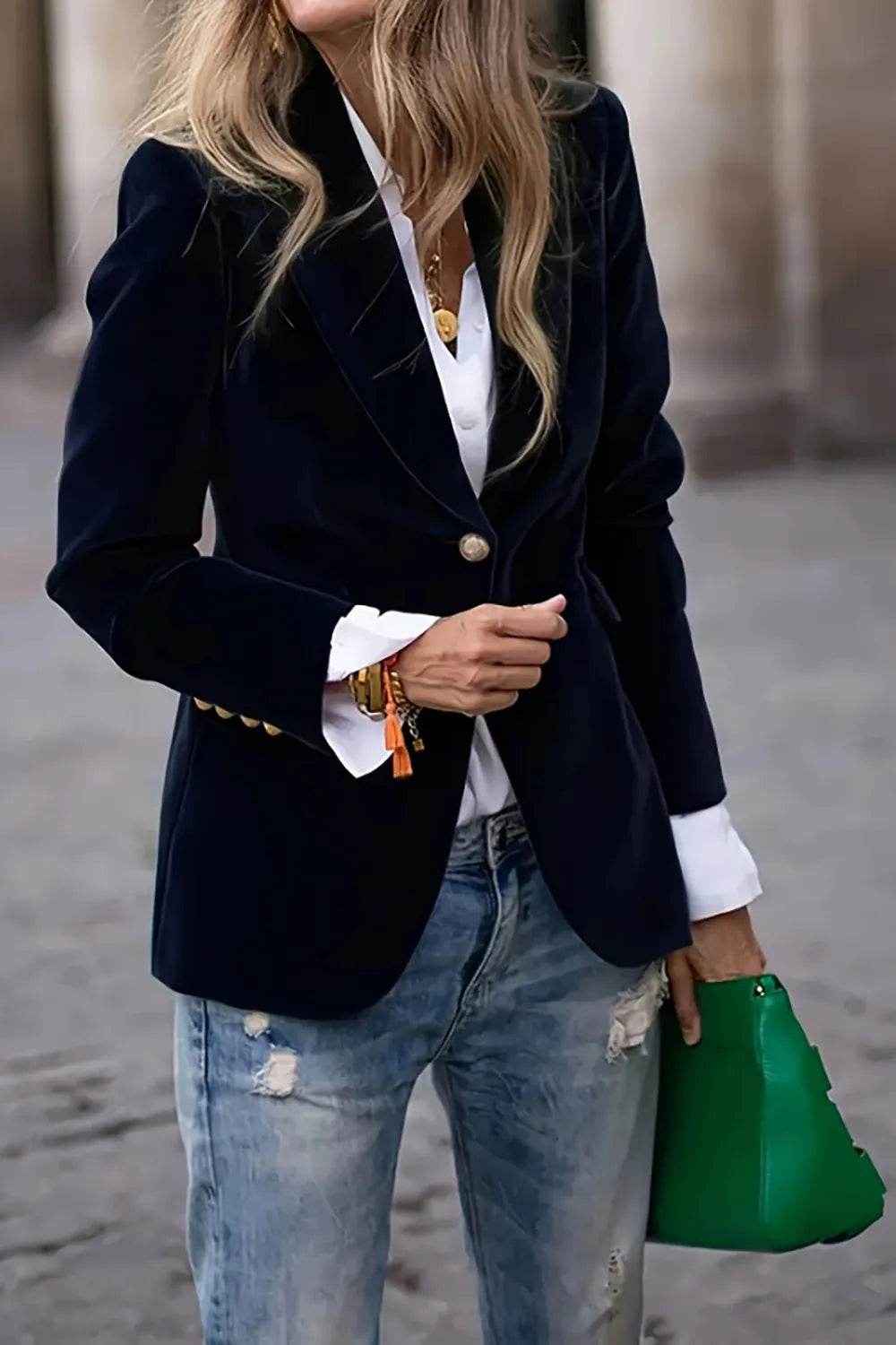 One Button Lapel Collar Long Sleeve Blazer - ELY VESSA LLC