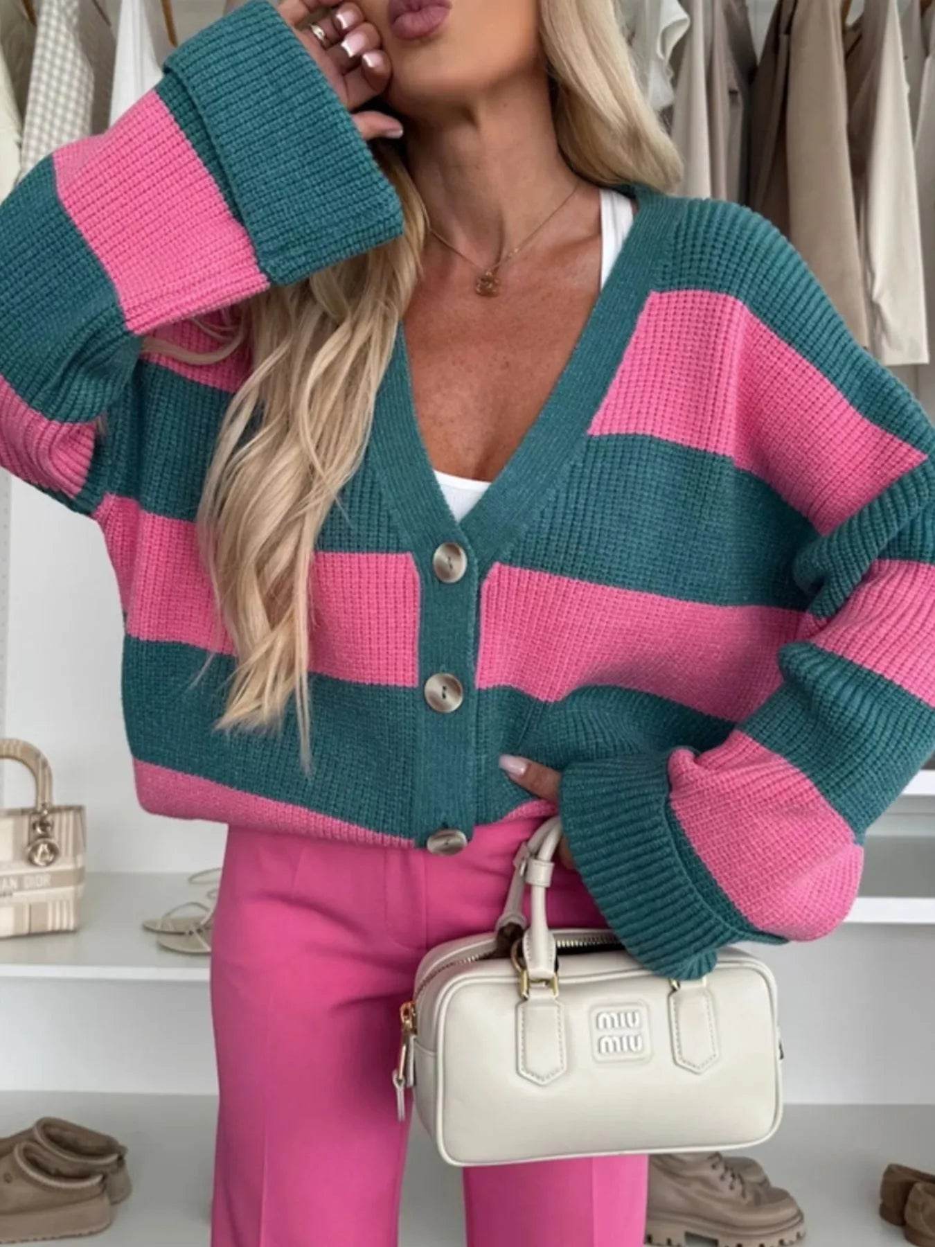 Color Block Striped V-Neck Button Front Cardigan - ELY VESSA LLC