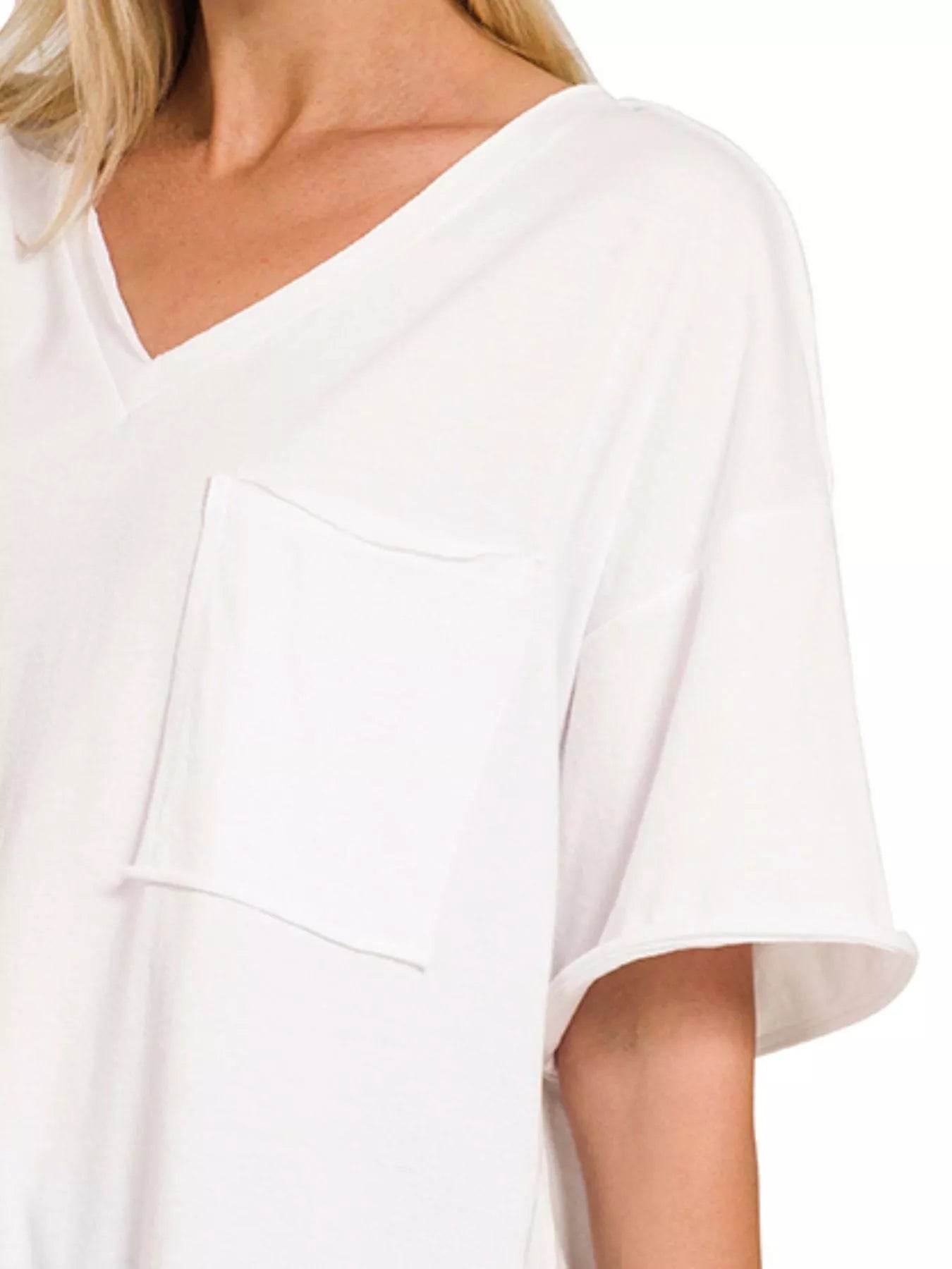 Zenana Front Pocket Raw Edge Boyfriend Tee - ELY VESSA LLC