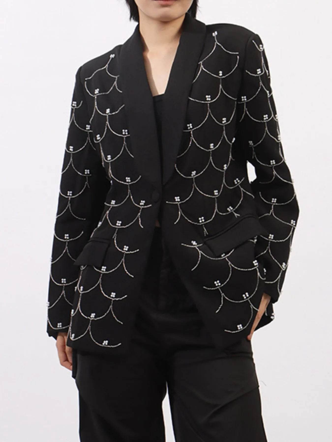 Pearl Detail Long Sleeve Blazer - ELY VESSA LLC