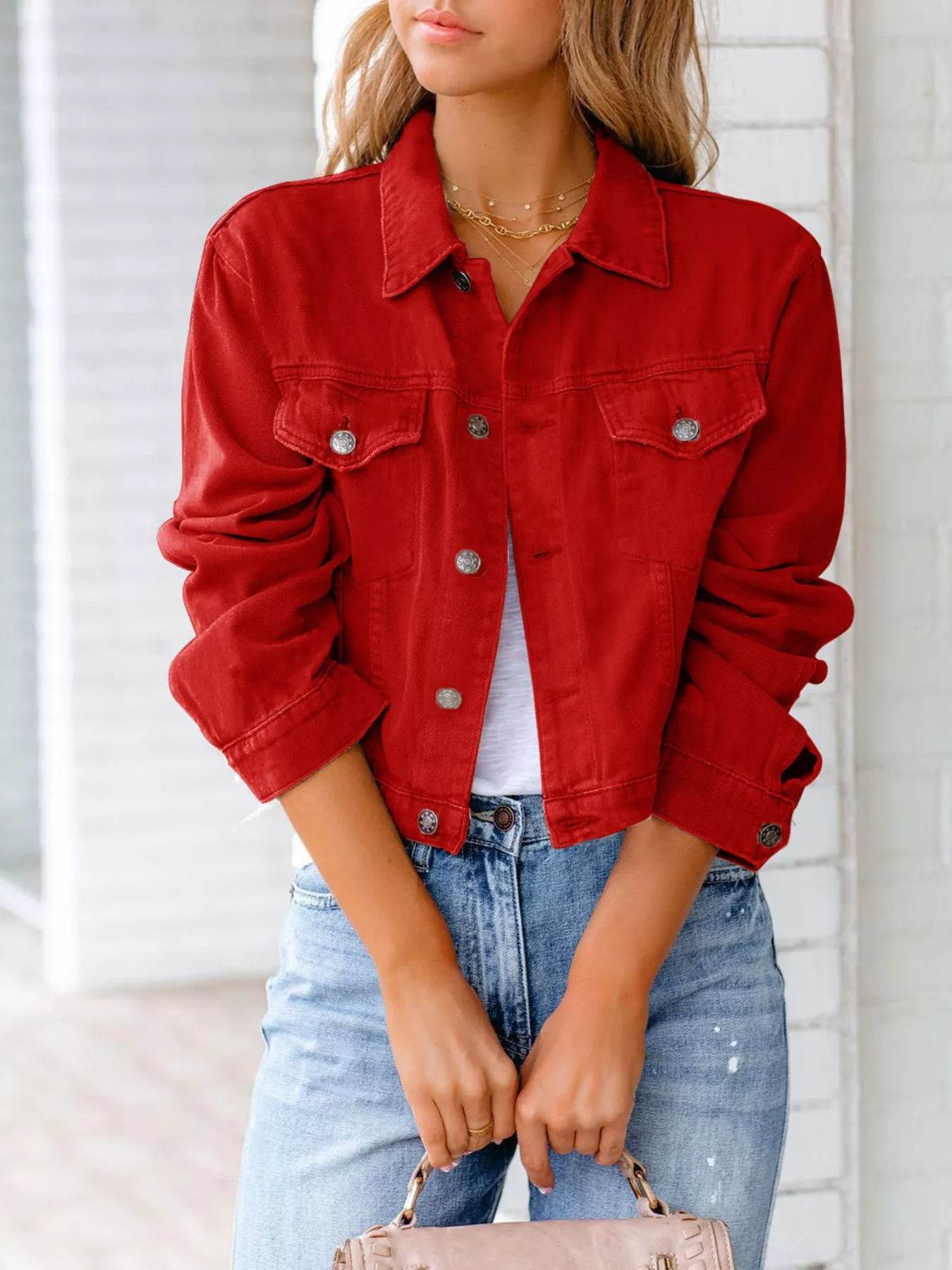 Button Up Long Sleeve Denim Jacket - ELY VESSA LLC