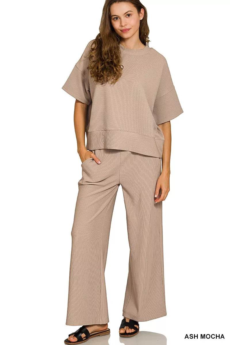 Zenana Ribbed Round Neck Tee & Pants Set - ELY VESSA LLC
