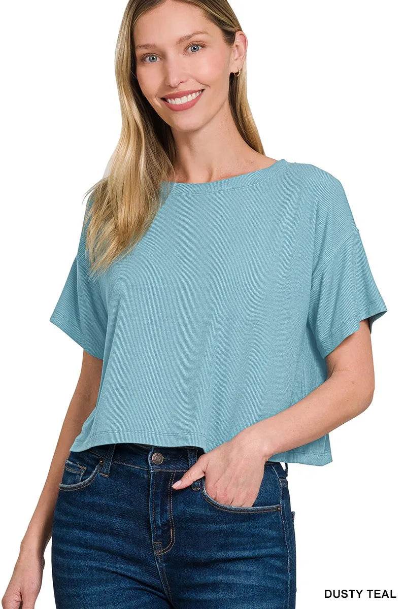 Zenana Ribbed Round-Neck Crop T-Shirt - ELY VESSA LLC