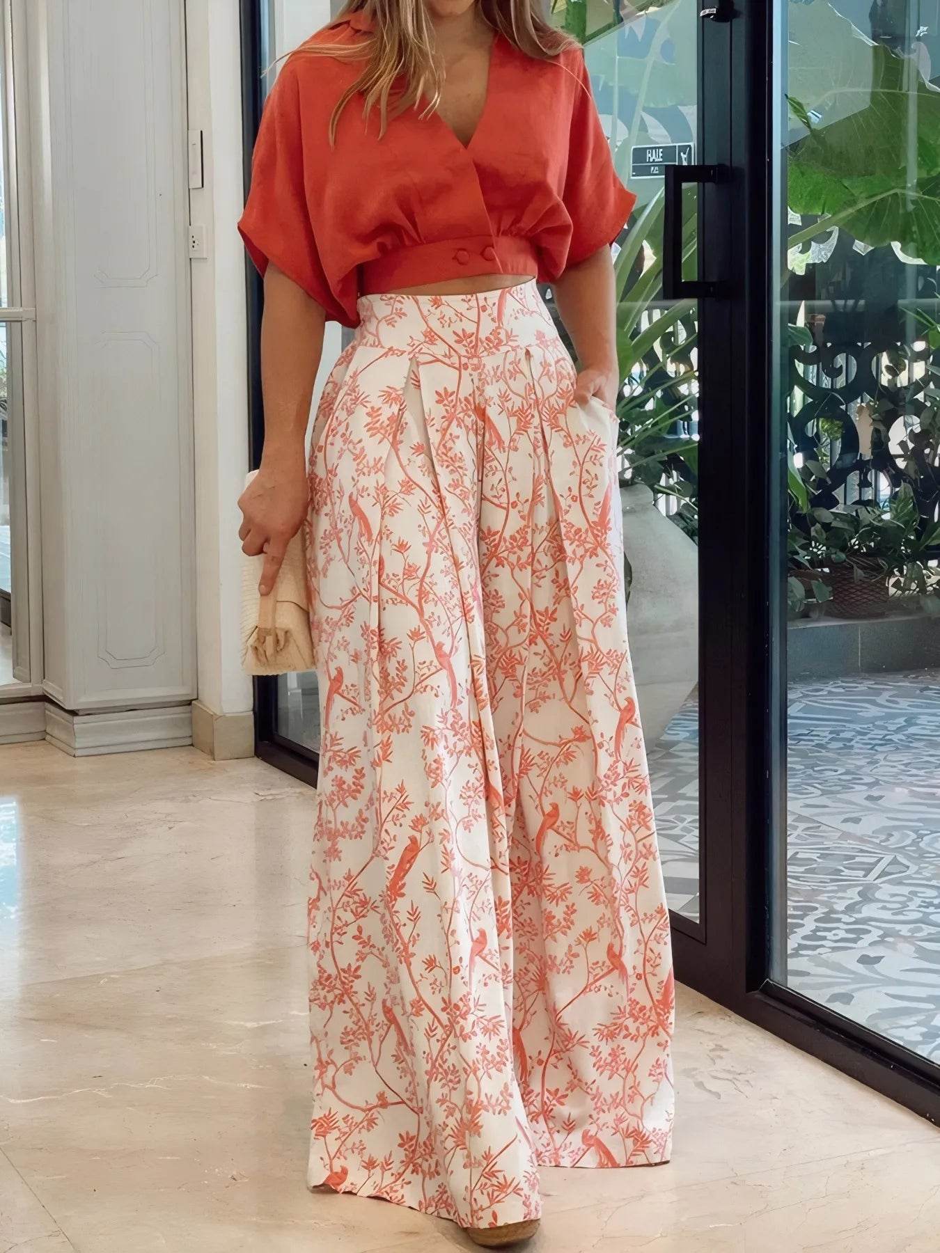 Surplice Top and High Waist Pants Set - ELY VESSA LLC