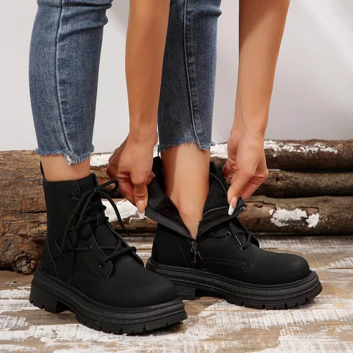 Round Toe Lace Up Platform Boots - ELY VESSA LLC