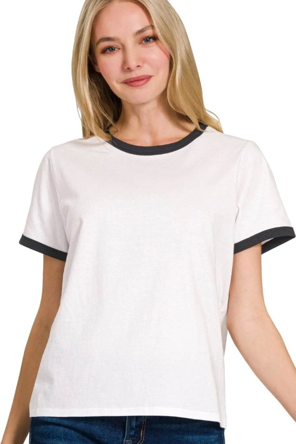 Zenana Contrast Binding Short Sleeve Tee Shirts - ELY VESSA LLC