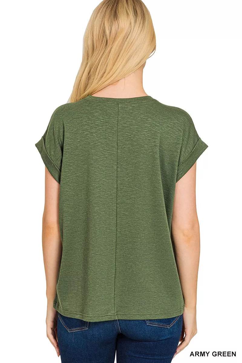 Zenana Cotton Modal Slub Rolled Sleeve T-Shirt - ELY VESSA LLC