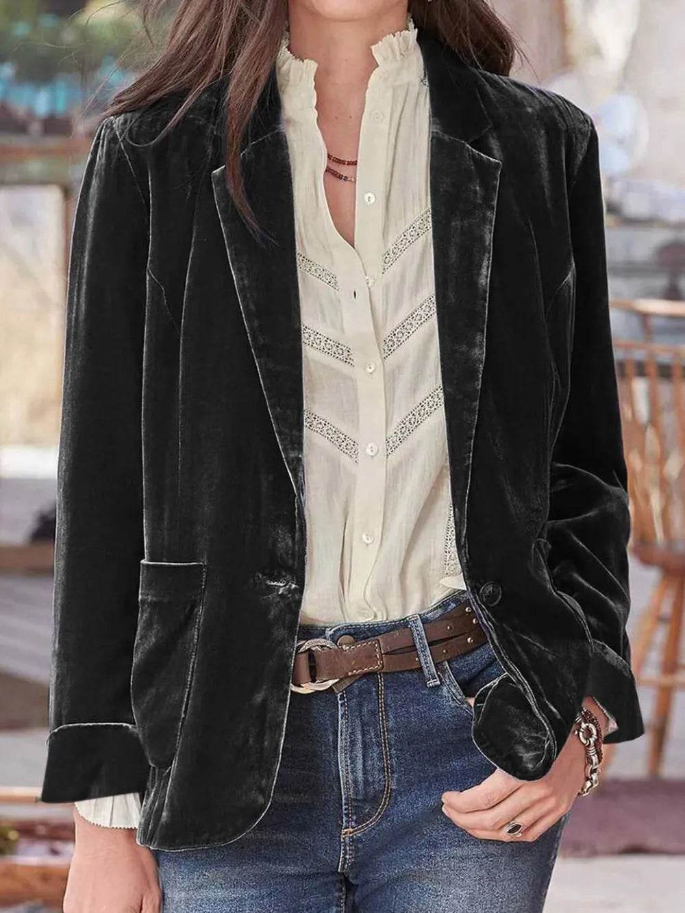 Pocketed Button Up Lapel Collar Blazer - ELY VESSA LLC