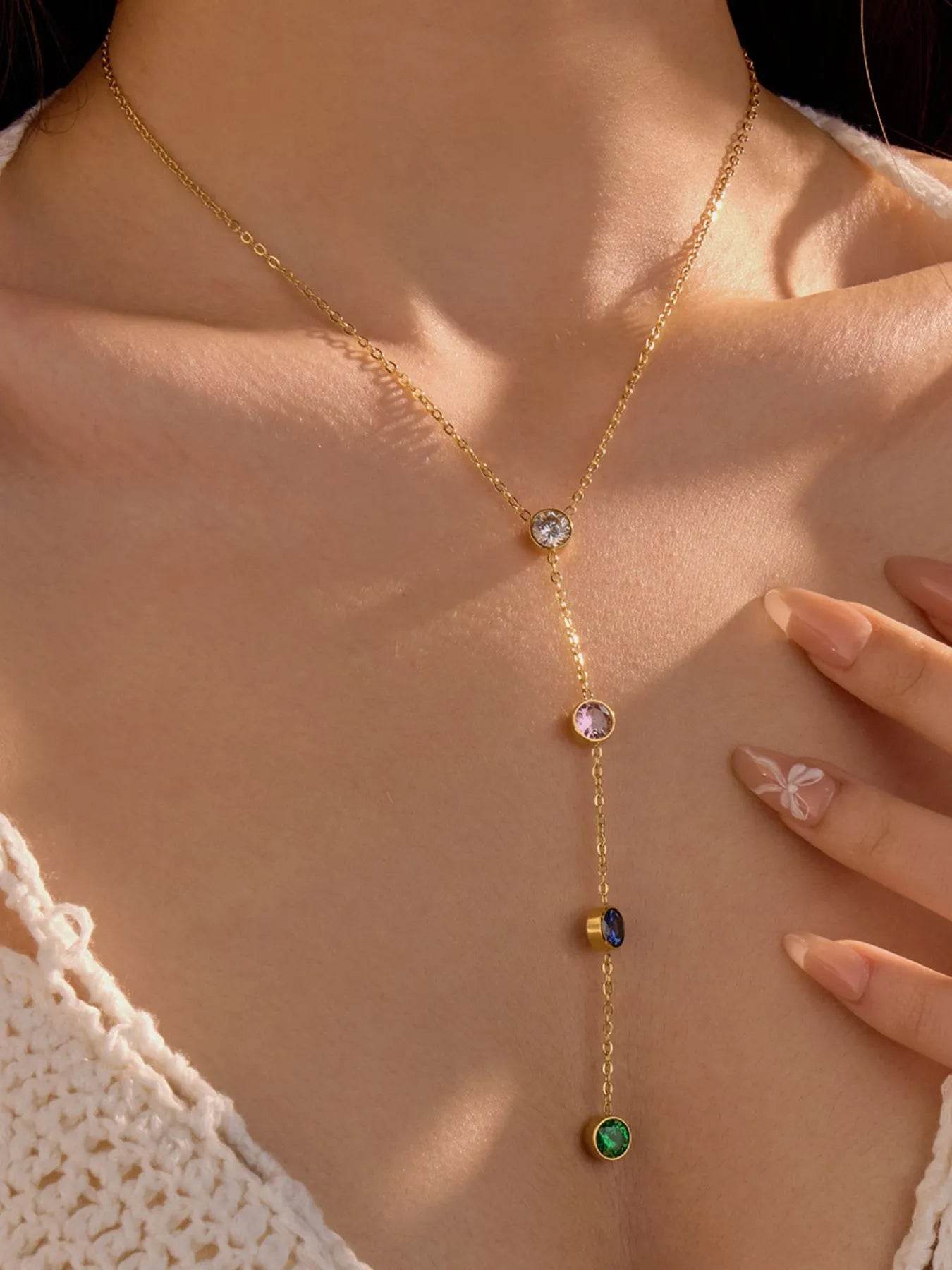 18K Gold-Plated Stainless Steel Zircon Y-Drop Necklace - ELY VESSA LLC