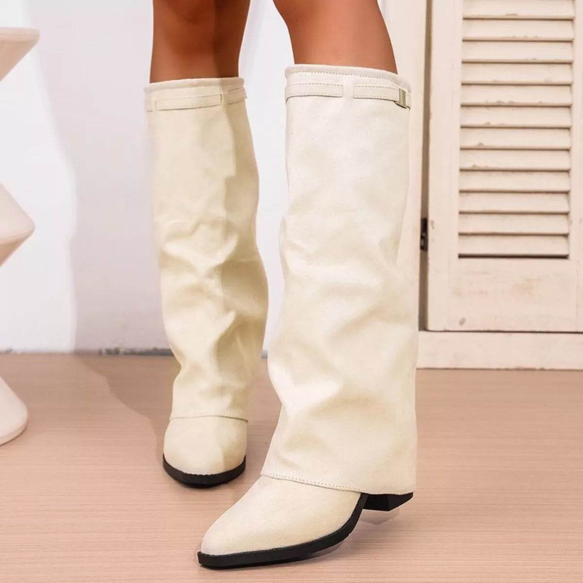 Point Toe Block Heels Boots - ELY VESSA LLC