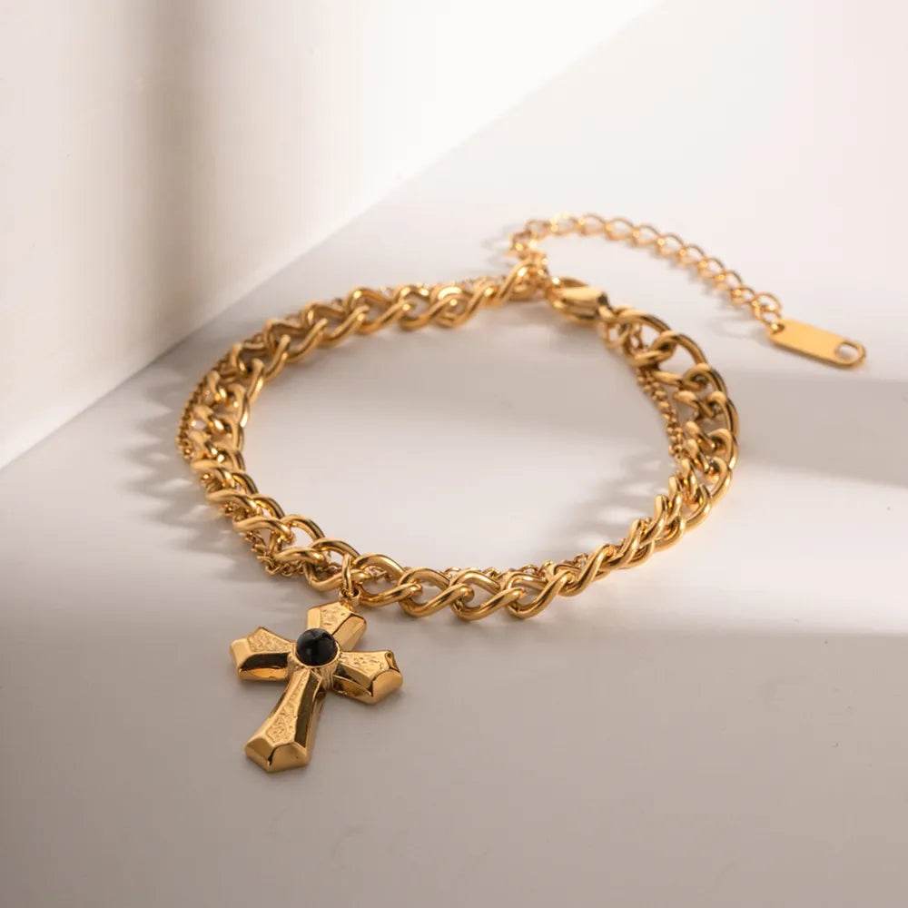 Stainless Steel Imitation Gemstone Cross Shape Pendant Bracelet - ELY VESSA LLC