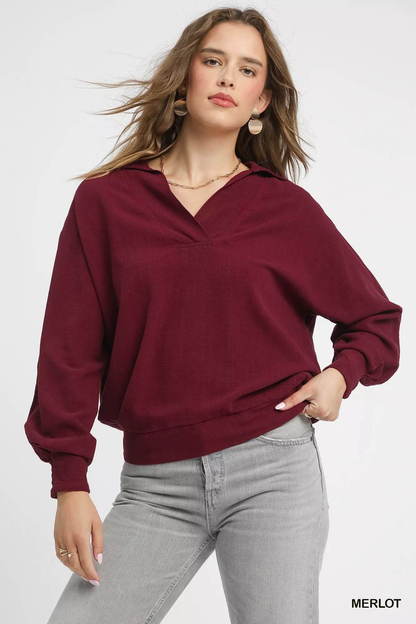 Umgee Linen Long Sleeves Elastic Hem Blouse - ELY VESSA LLC