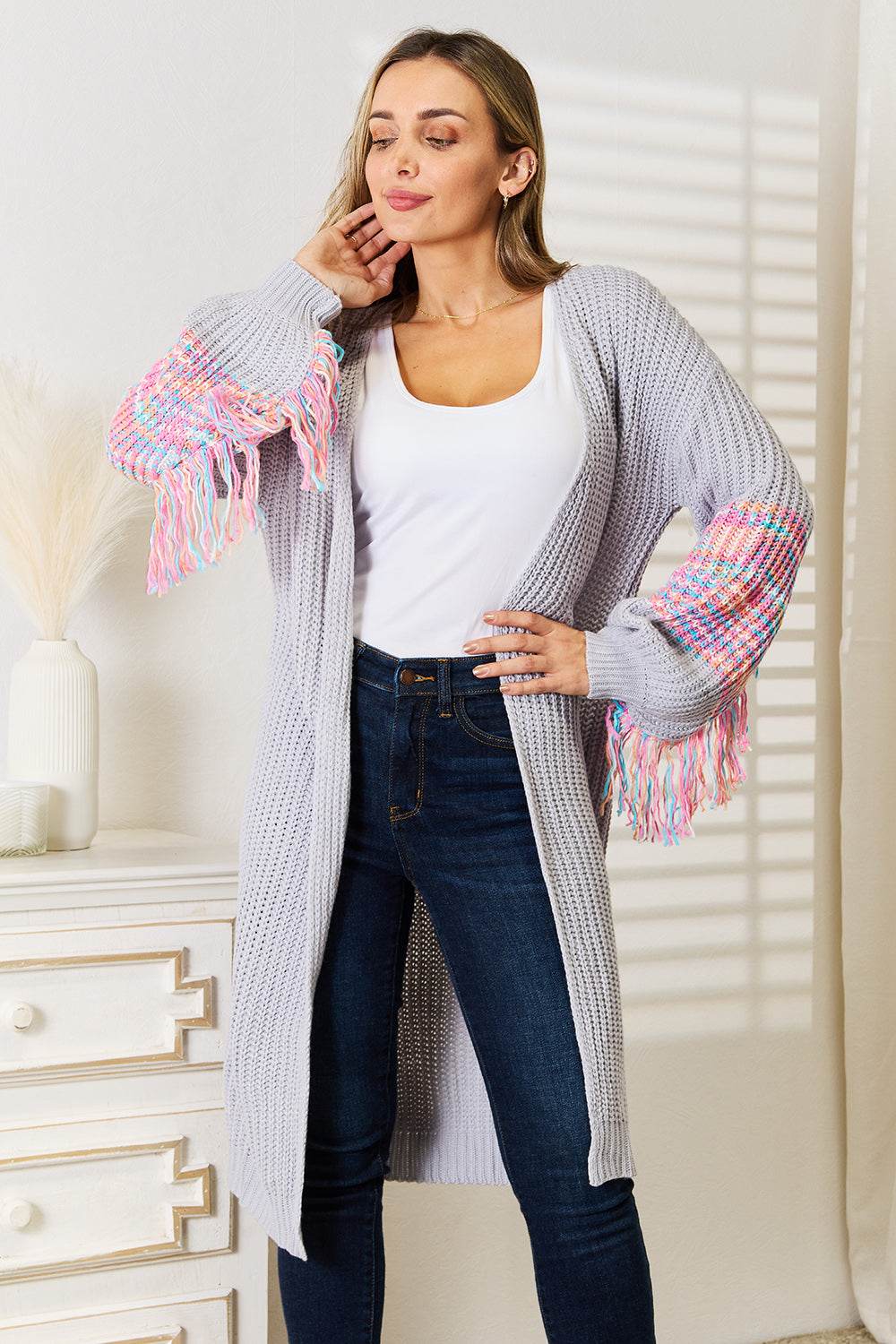 Woven Right Fringe Sleeve Dropped Shoulder Cardigan - ELY VESSA LLC