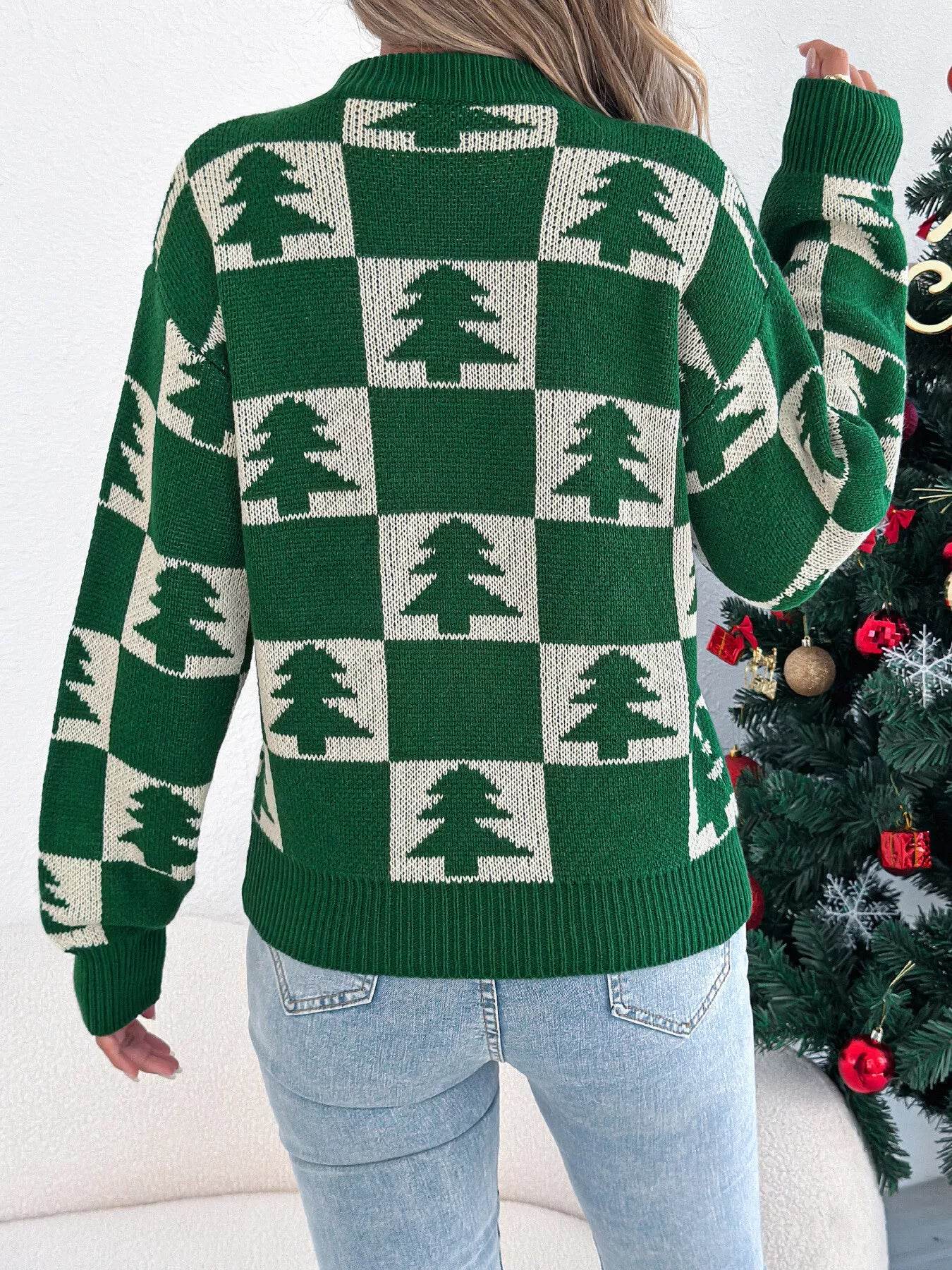 Christmas Tree Checkerboard Pattern Sweater - ELY VESSA LLC