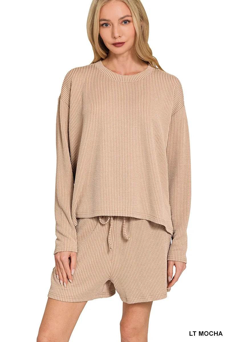 Zenana Corded Rib Long Sleeve Tee and Shorts Set - ELY VESSA LLC