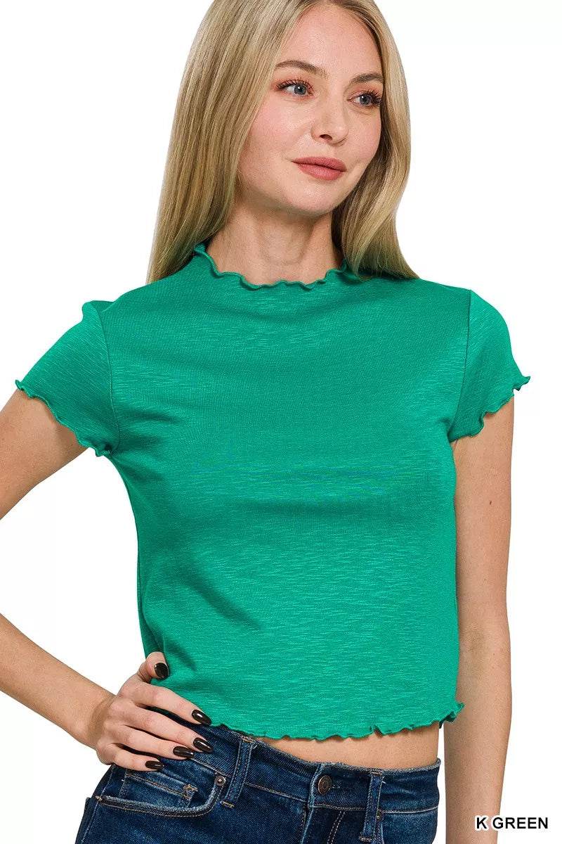 Zenana Cotton Modal Slub Lettuce Trimmed Cropped T-Shirt - ELY VESSA LLC