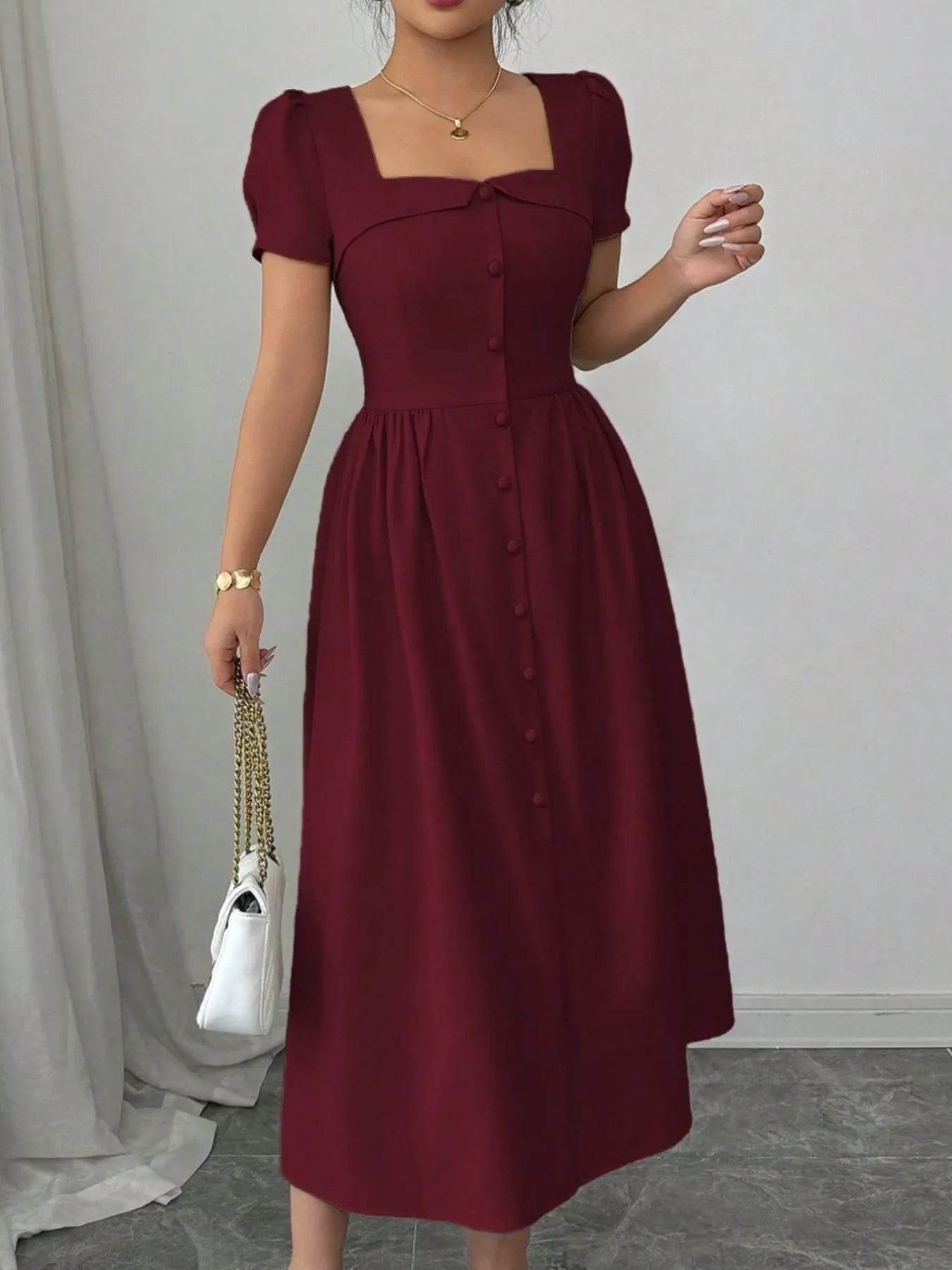 Square Neck Puff Sleeve Midi Dress - ELY VESSA LLC