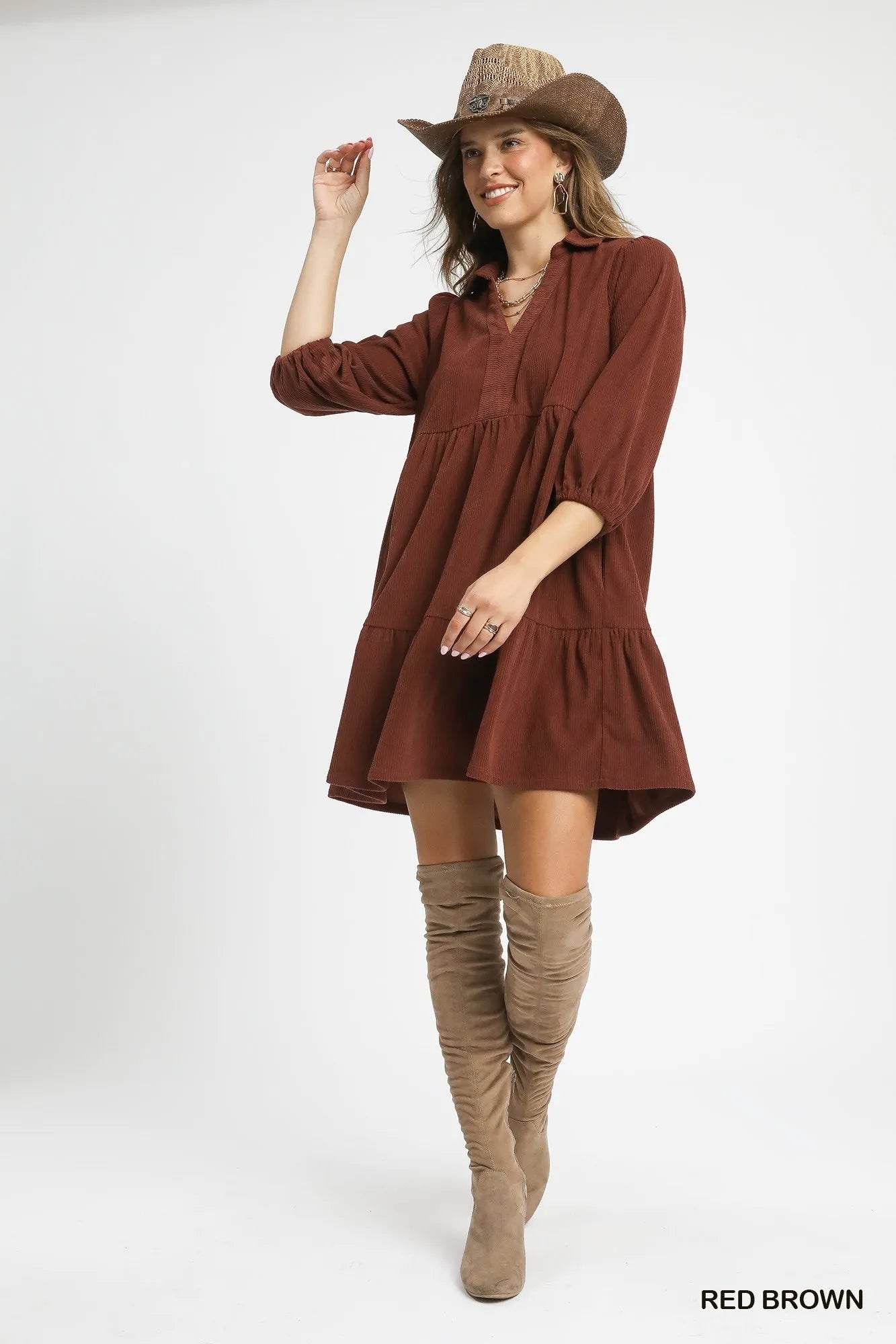 Umgee Tiered Corduroy Mini Dress with Balloon Sleeves - ELY VESSA LLC
