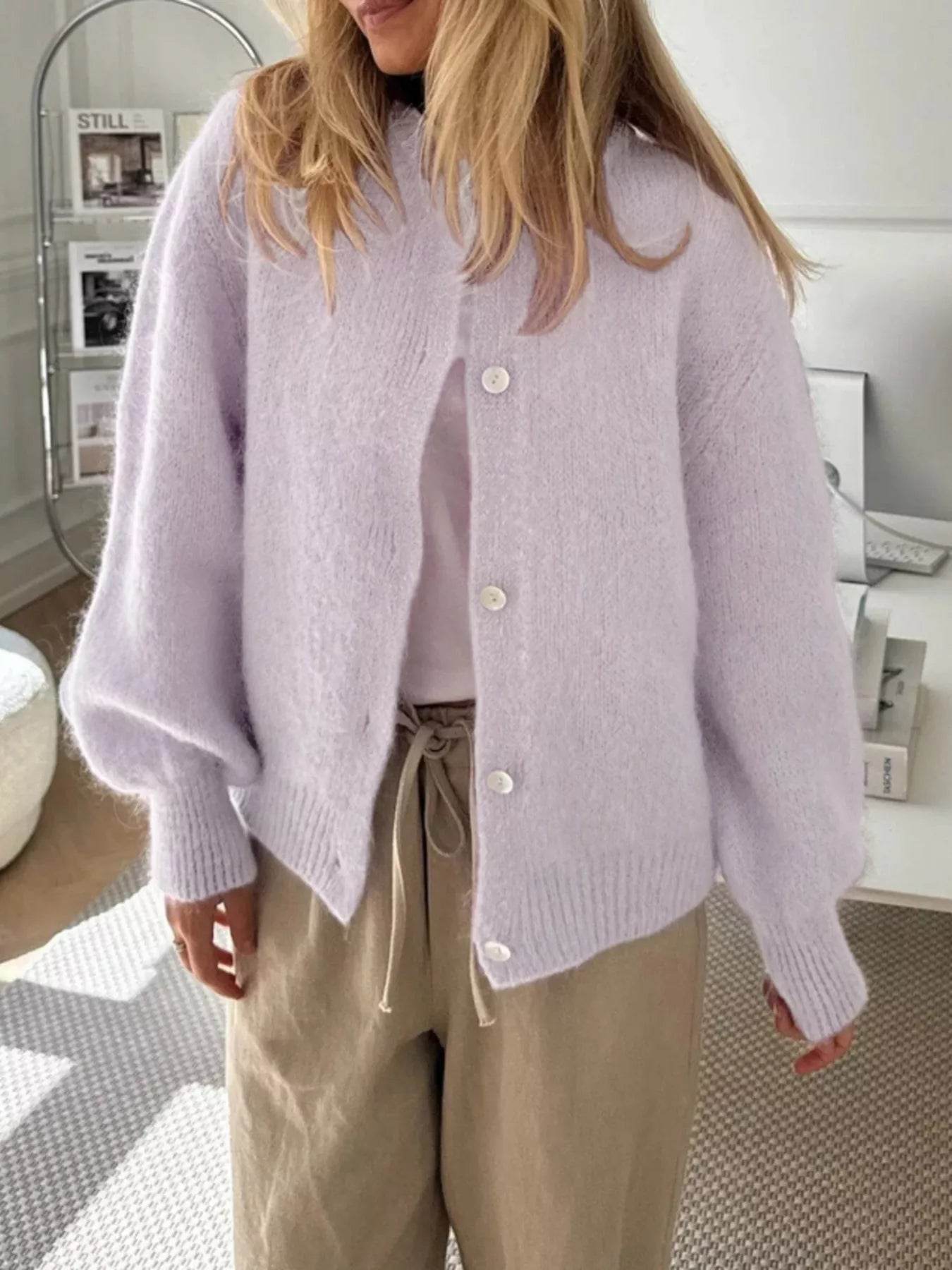 Button-Front Round Neck Cardigan - ELY VESSA LLC