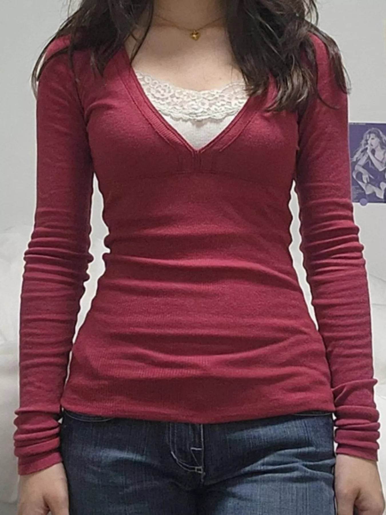 Lace Detail Long Sleeve T-Shirt - ELY VESSA LLC