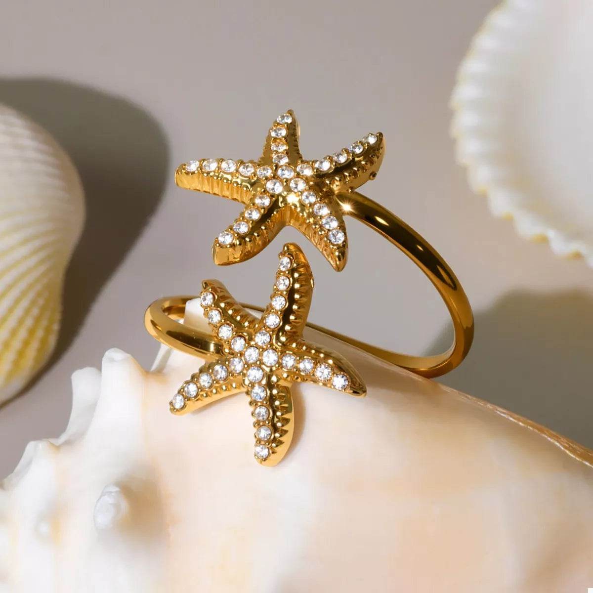 18K Gold-Plated Stainless Steel Zircon Starfish Ring - ELY VESSA LLC