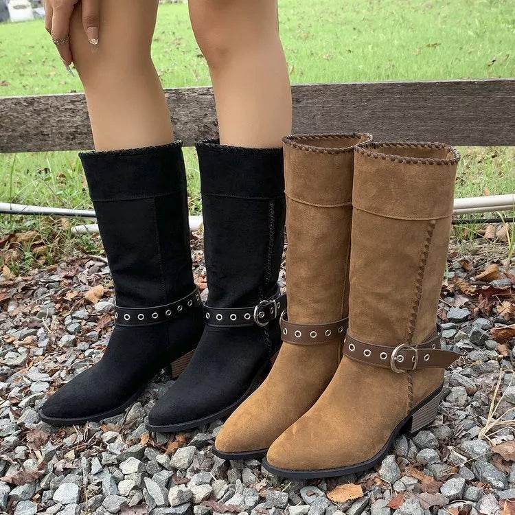 Point Toe Block Heels Boots - ELY VESSA LLC