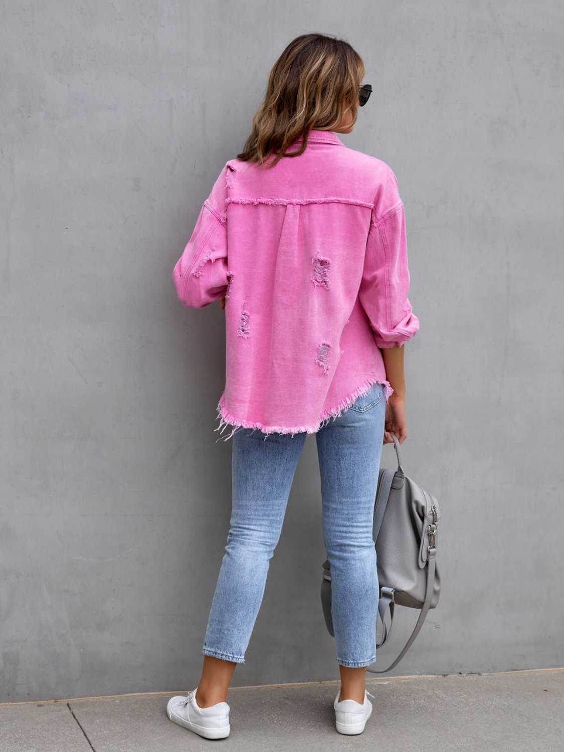Distressed Drop Shoulder Denim Jacket - ELY VESSA LLC