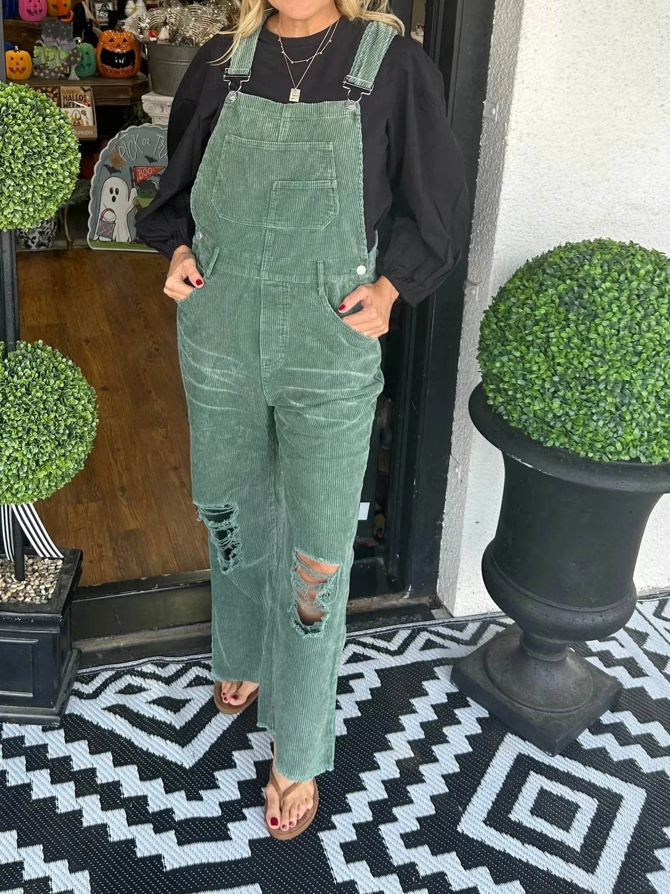 Distressed Wide Leg Corduroy Overalls - ELY VESSA LLC