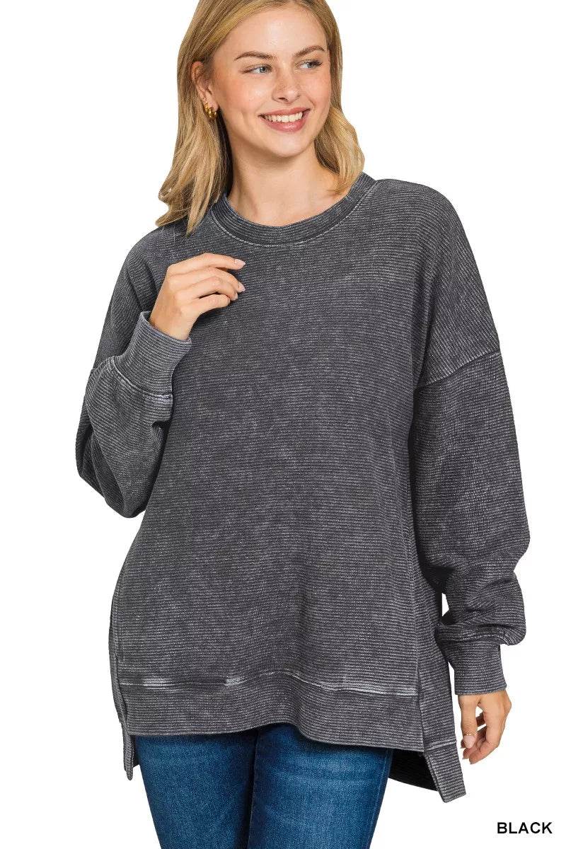 Zenana Full Size Acid Washed Double Ribbed Hi-low Sweatshirt Plus Size - ELY VESSA LLC