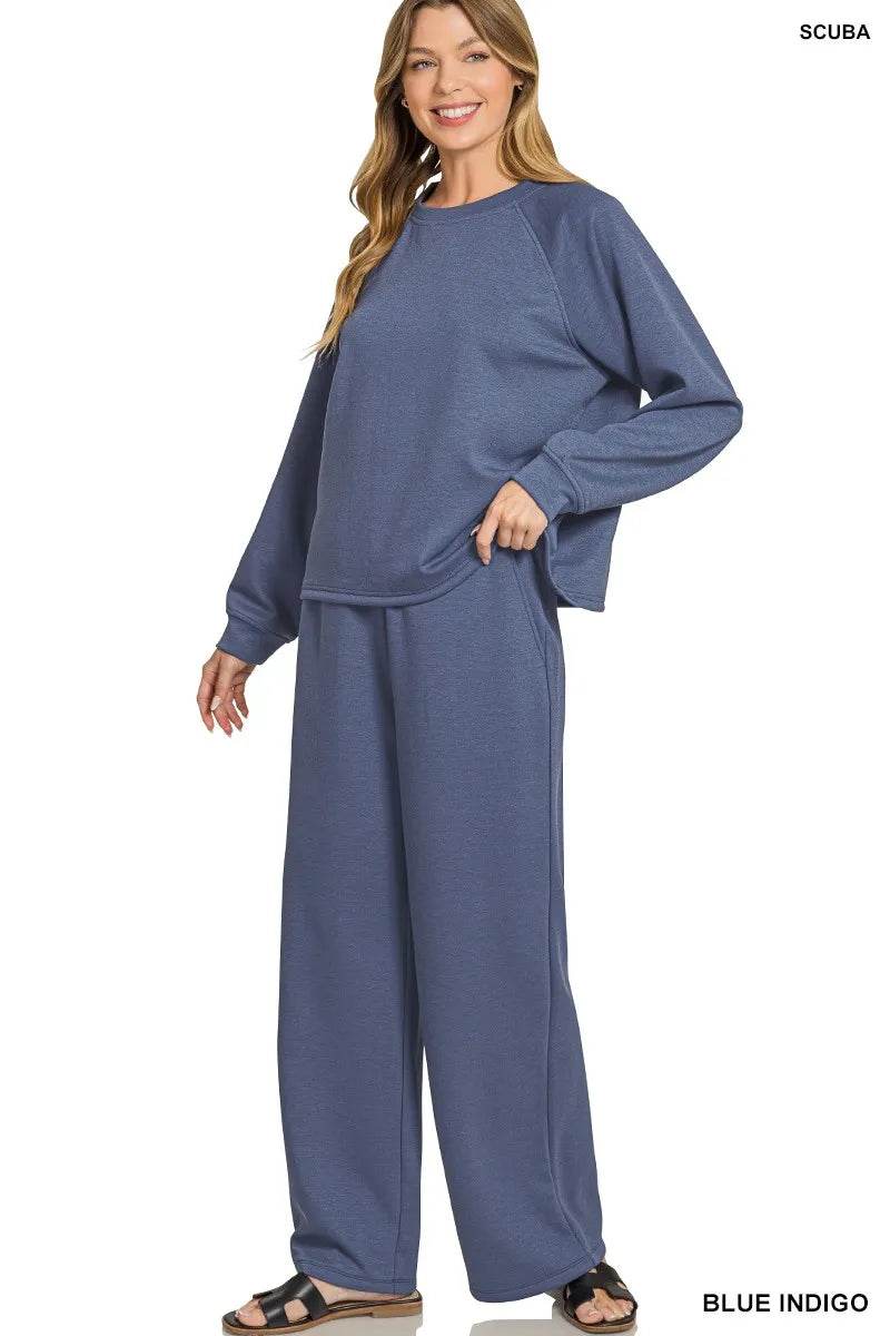 Zenana Scuba Crewneck Sweatshirt and Pants Set - ELY VESSA LLC