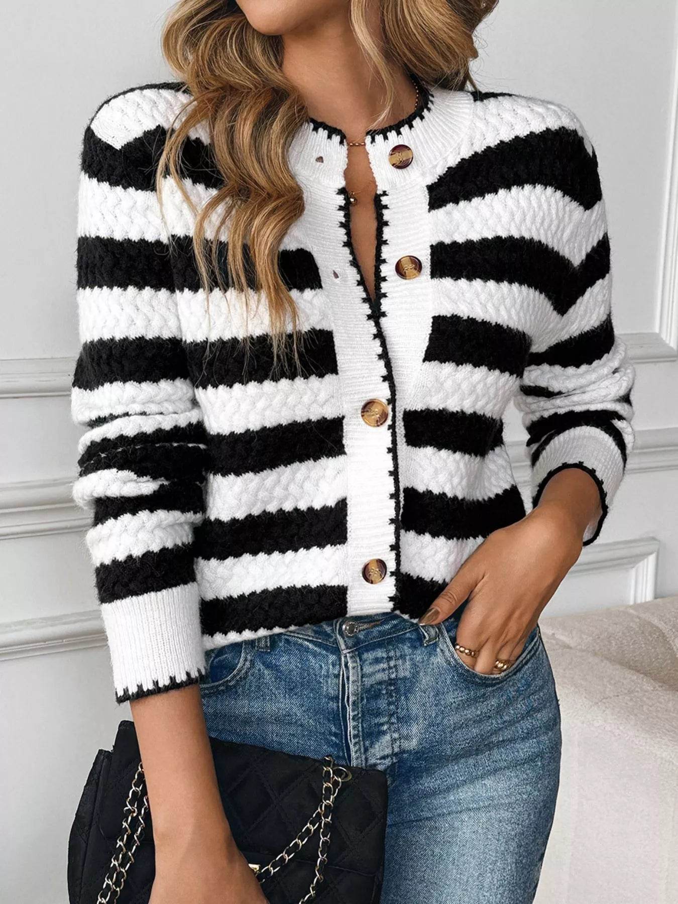 Striped Button-Up Long Sleeve Cardigan - ELY VESSA LLC
