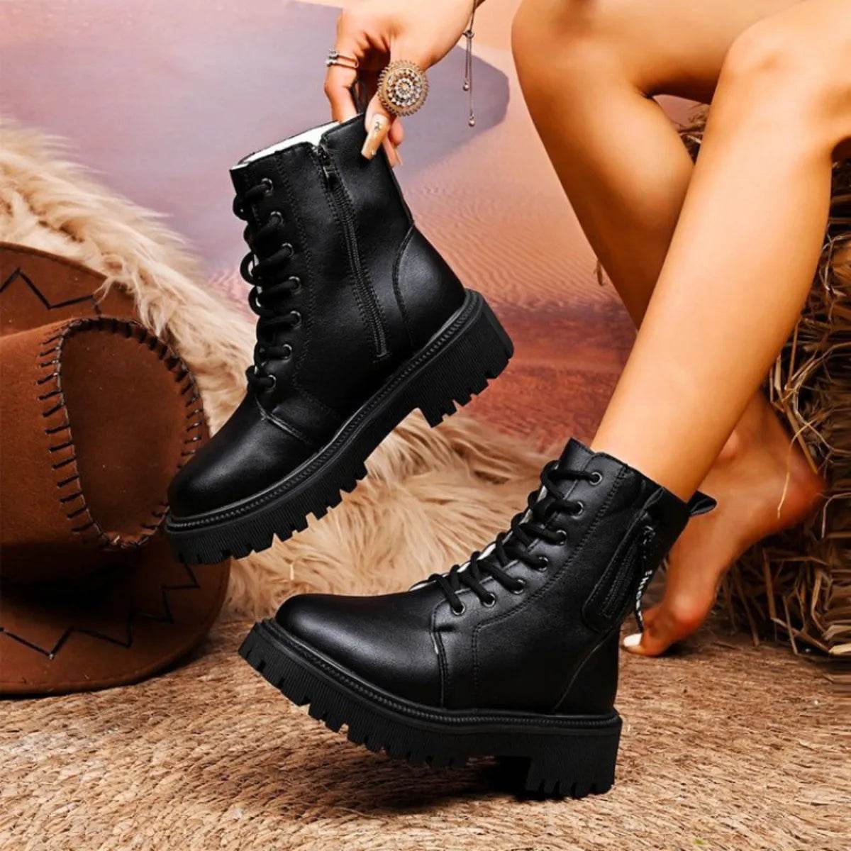 Lace-Up Platform Boots - ELY VESSA LLC