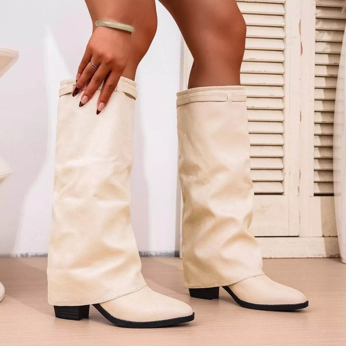 Point Toe Block Heels Boots - ELY VESSA LLC
