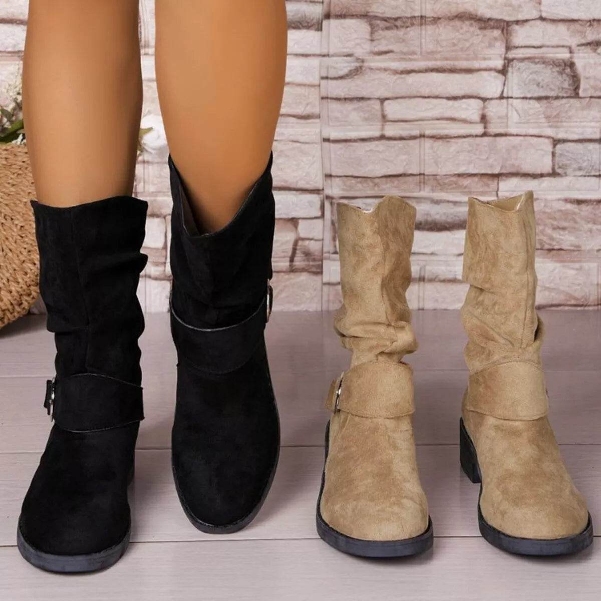 Round Toe Block Heels Boots - ELY VESSA LLC