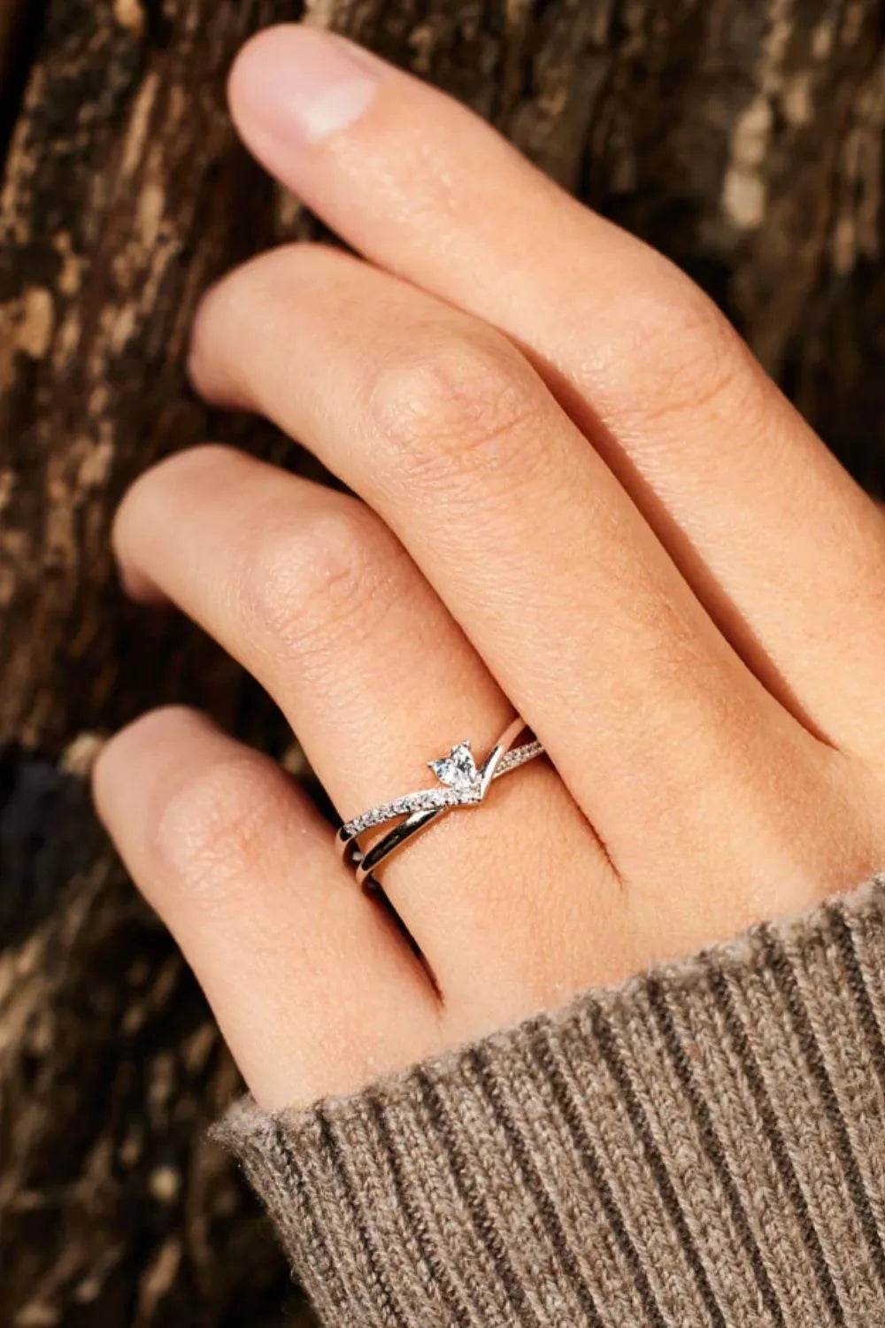 925 Sterling silver Inlaid Zircon Heart Open Ring - ELY VESSA LLC