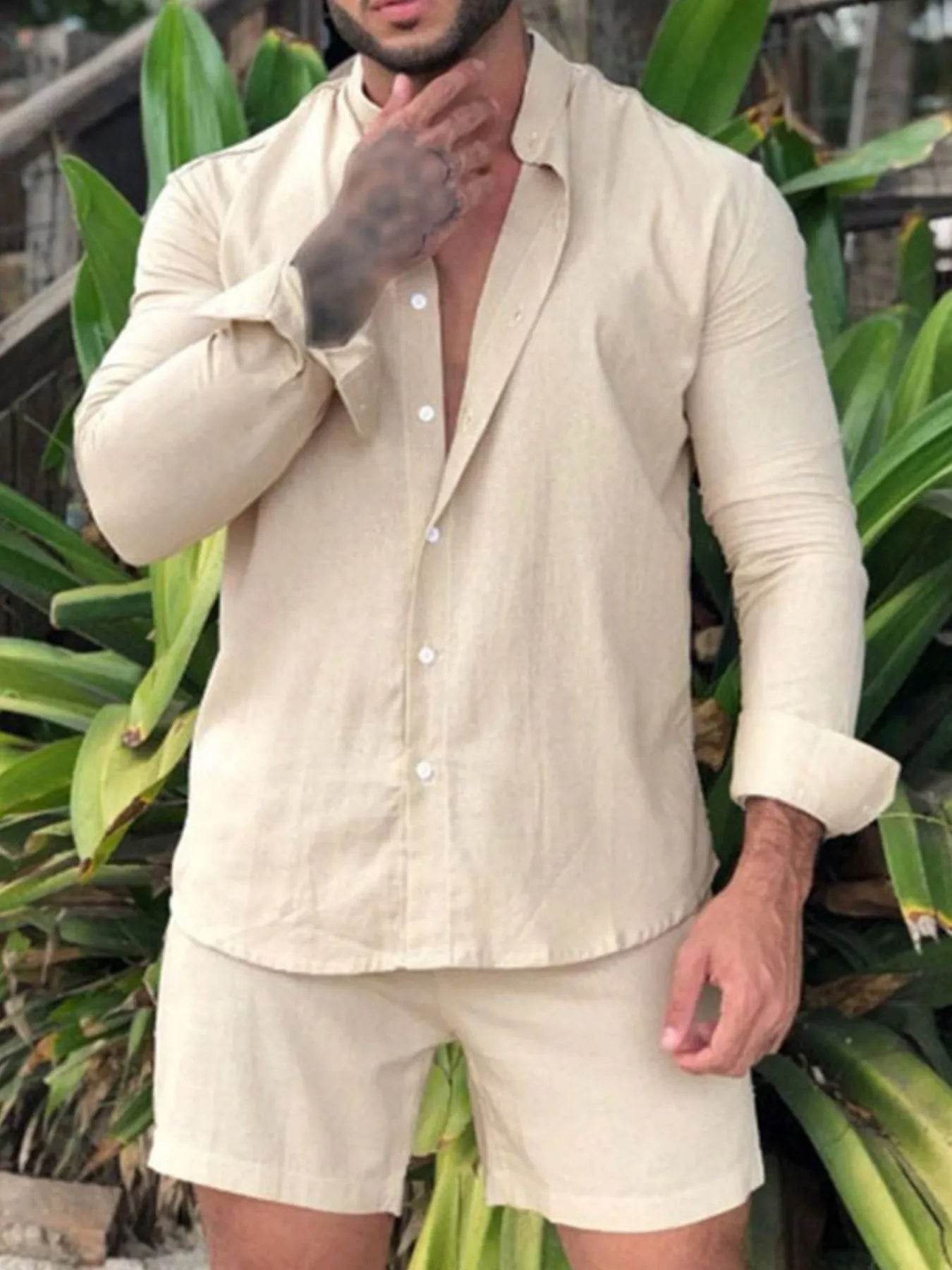 Men's Full Size Button Up Long Sleeve Shirt and Shorts Set Plus Size - ELY VESSA LLC