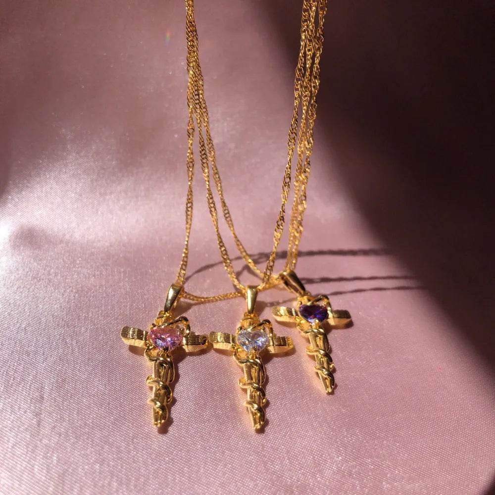 Copper Zircon Cross Pendant Necklace - ELY VESSA LLC